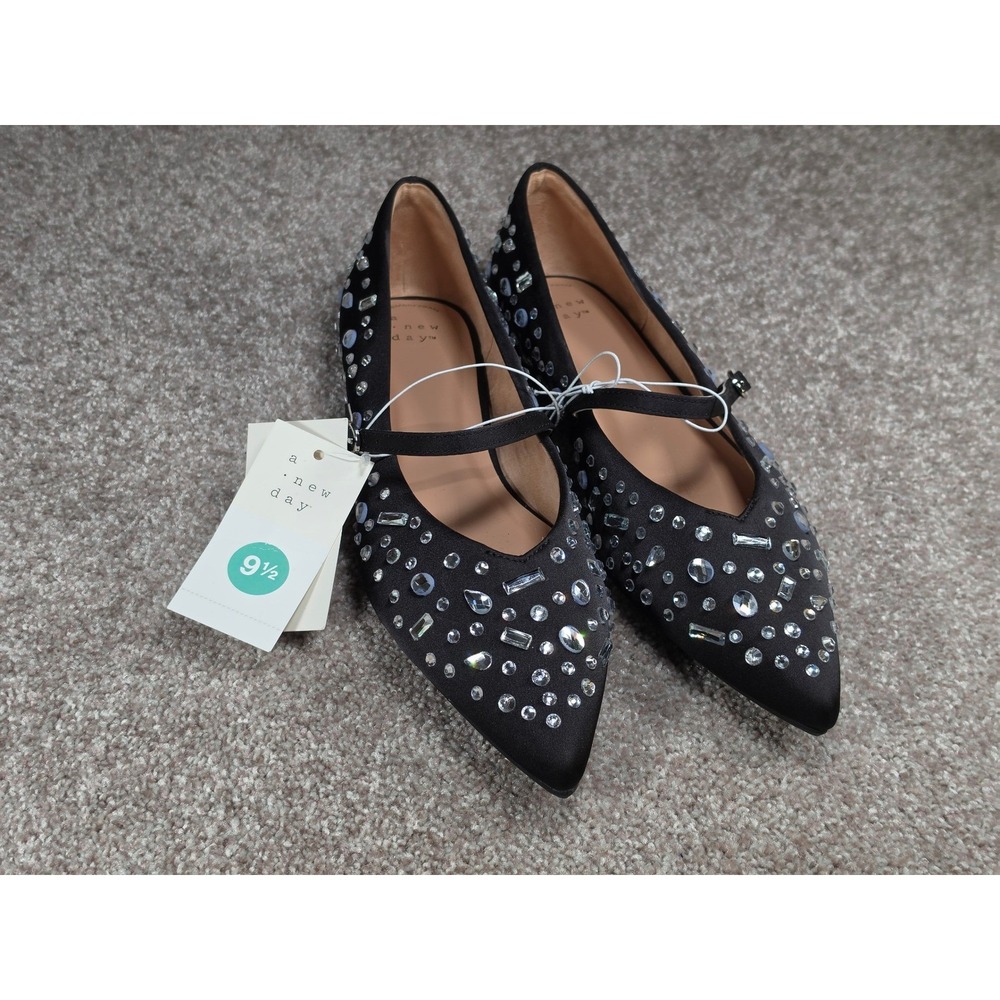 A New Day Gabriella Black Rhinestone Mary Jane Pointed Toe Flats Shoes 9.5 NEW
